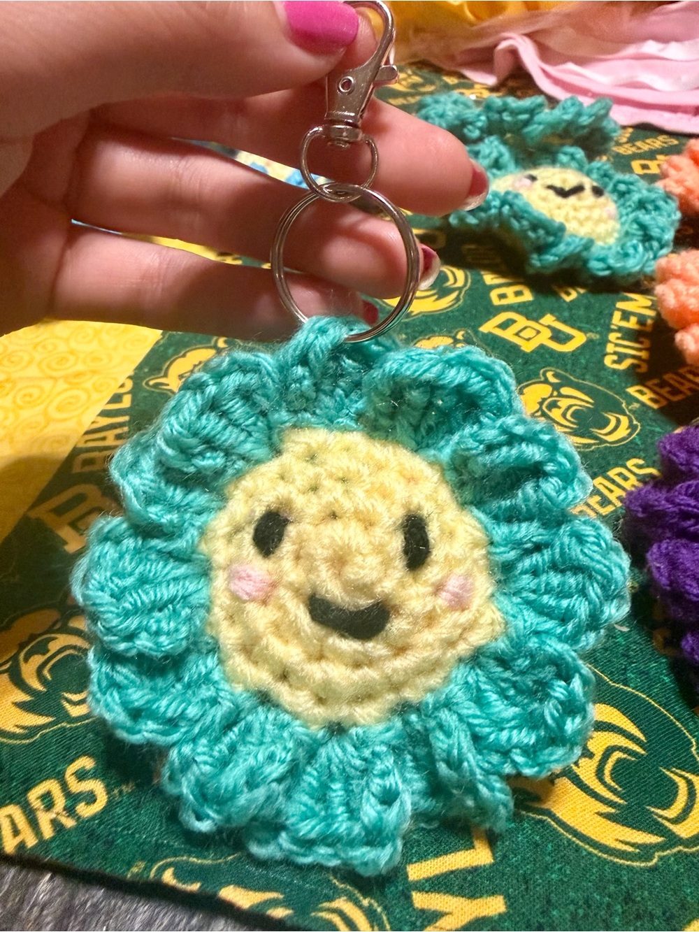 Handmade Teal Smiling Flower Keychain - Kids Accessories